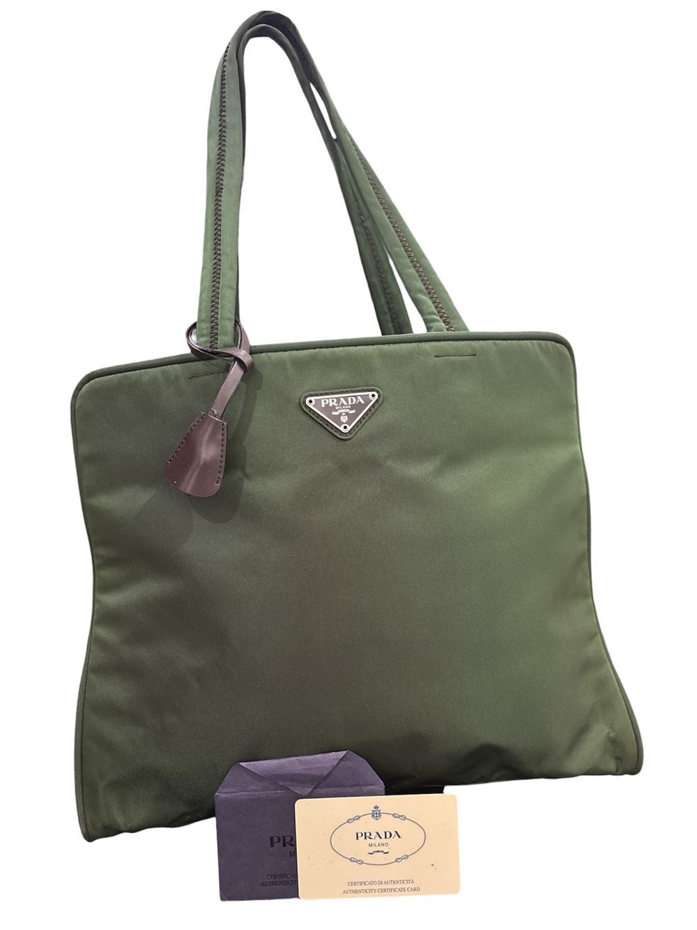 Prada Tesutto Nylon Tote Green with Brown lock and key